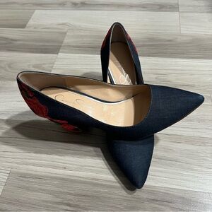 Jessica Simpson Lannah Floral Embroidery Chambray Block Heels Women shoe Sz 7.5M